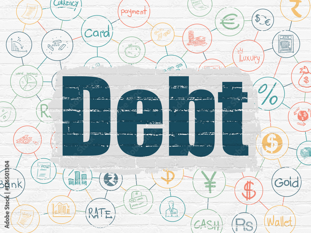 Currency concept: Debt on wall background Currency concept: Debt on wall background
