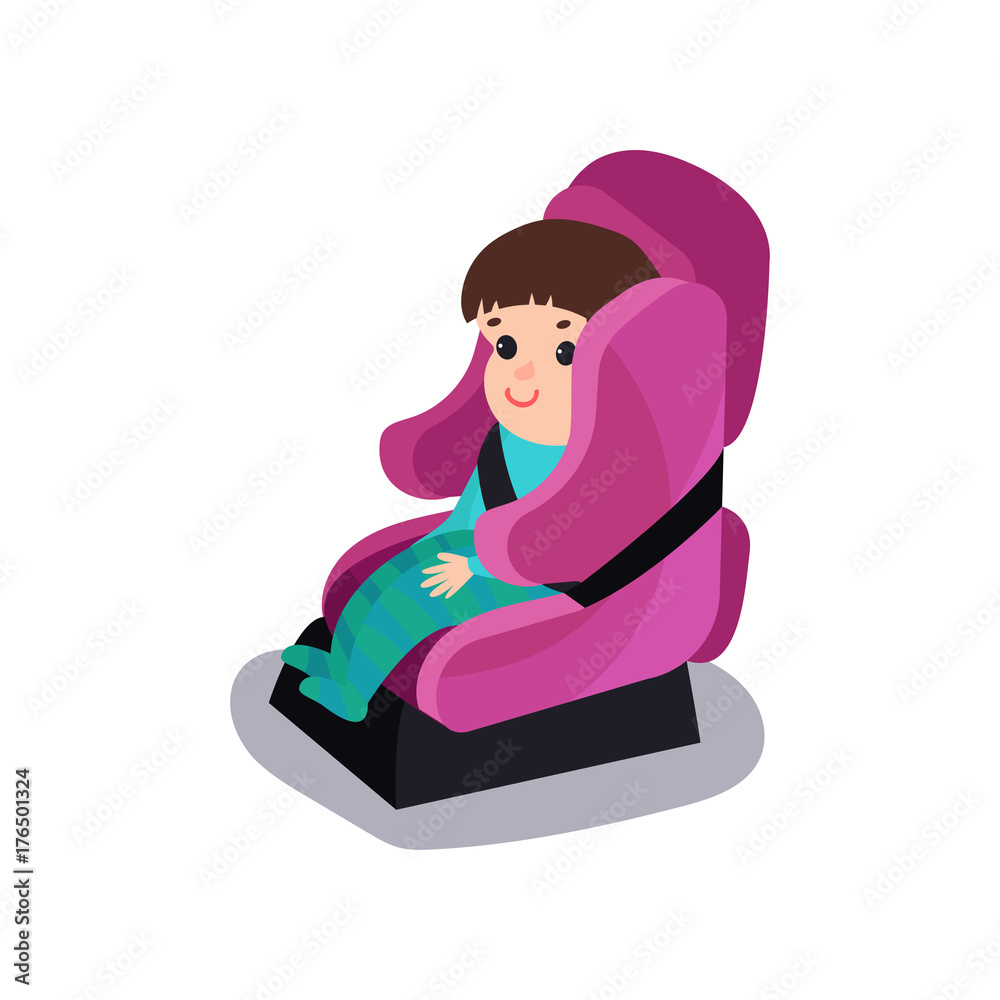 Cute baby sitting on a pink car seat wearing seat belt, safe child  traveling cartoon vector illustration Stock Vector | Adobe Stock