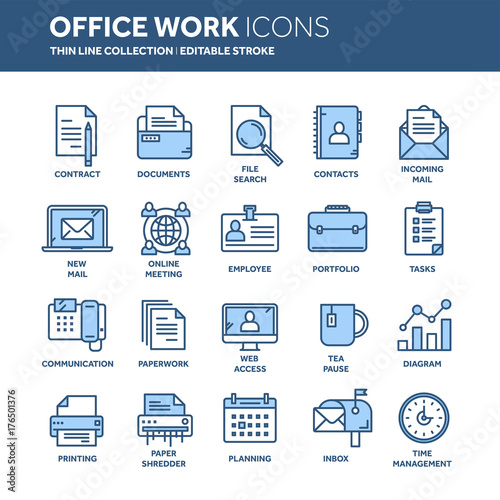 Business and office work. Documents, paperwork. Businessman. Thin line blue web icon set. Outline icons collection. Vector illustration.