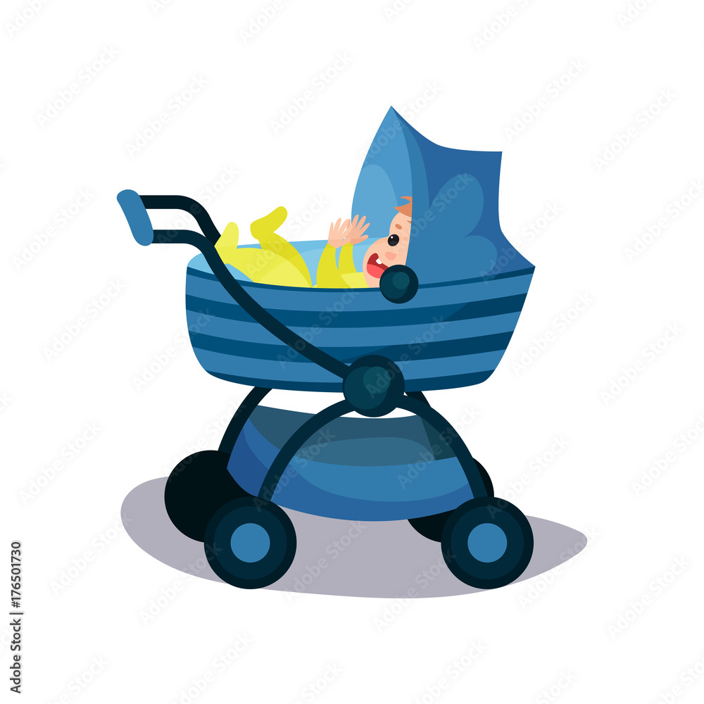 Adorable baby in a blue modern baby pram, transporting of small children with comfort cartoon vector illustration Adorable baby in a blue modern baby pram, transporting of small children with comfort cartoon vector illustration