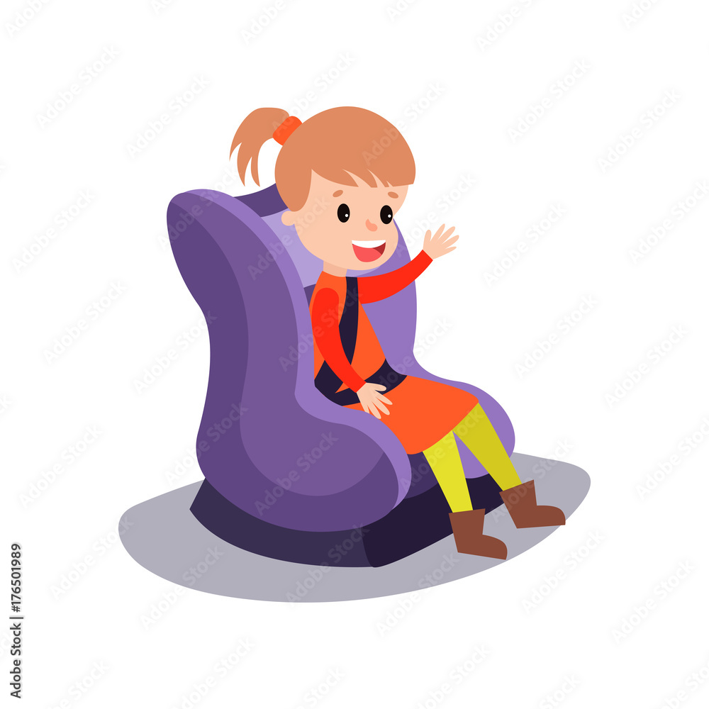 Cute little girl sitting on a purple car seat wearing seat belt, safe child  traveling cartoon vector illustration Stock Vector | Adobe Stock
