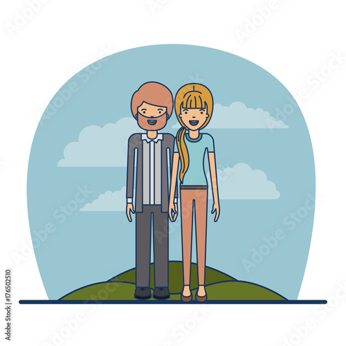 couple teacher profession of bearded man with moustache and woman with blonded ponytail hair in meadow on sky landscape