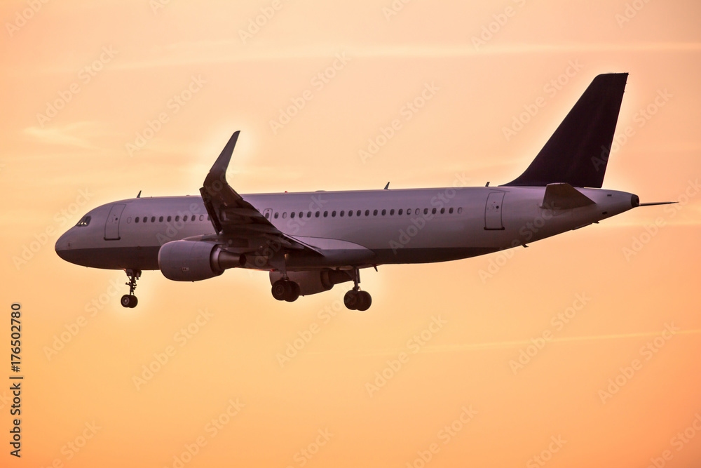 Fototapeta premium Samolot do lądowania o zachodzie słońca