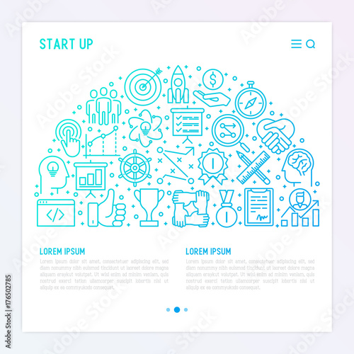 Start up concept in half circle with thin line icons of development, growth, success, idea, investment. Vector illustration for banner, web page, print media with place for text.
