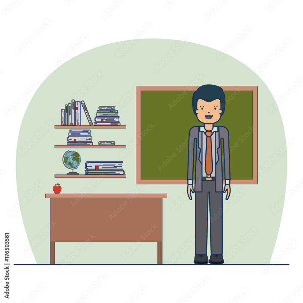 man teacher in formal suit on classroom with wooden shelf with books and chalkboard