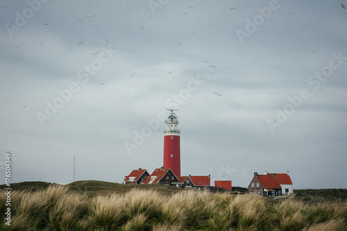 Landscape with traditional red lighthouse building