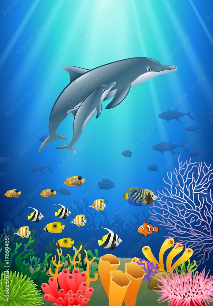 Obraz premium Dolphin cartoon with underwater view and coral background. Vector Illustration.