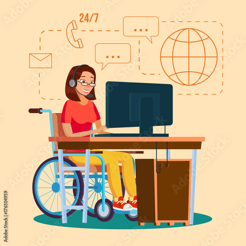 Disabled Woman Working Vector. Socialization Concept. Wheelchair With Person. Isolated Flat Cartoon Character Illustration