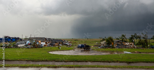 Buildings, trees and vehicles damaged after tornado, Elk City, Oklahoma, USA