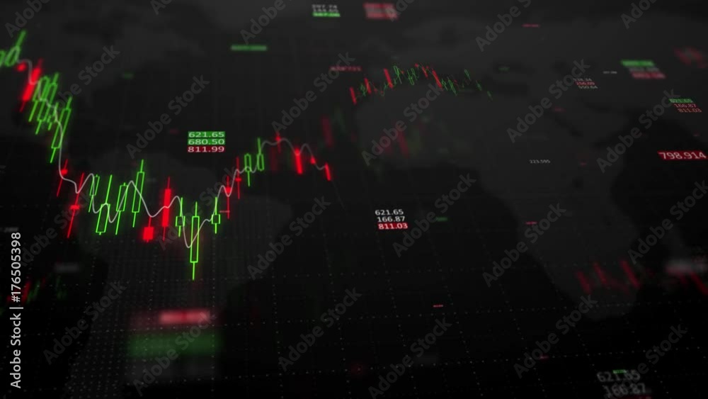 3d render. Animation of graph of stock market data and financial analysis. Japanese candles, regular charts and pie charts on dark background with growing charts. Big data on LED panel