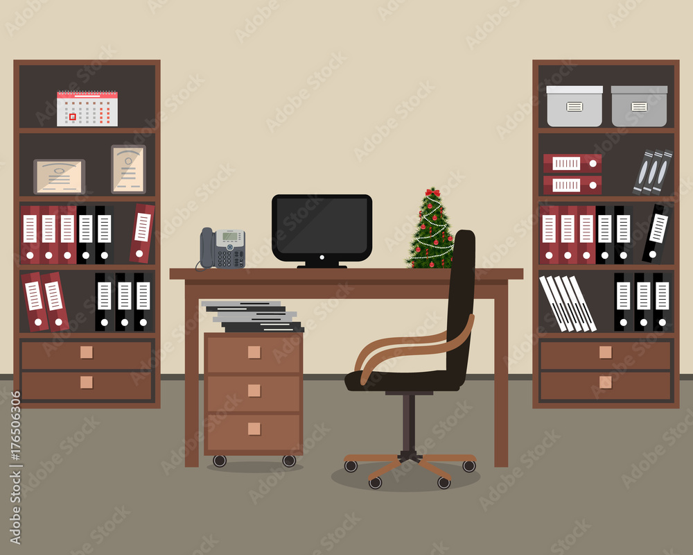 Workplace of office worker. There is a table, a chair, two cabinets with folders and other objects in the picture. On the table is a small Christmas tree. Vector flat illustration Workplace of office worker. There is a table, a chair, two cabinets with folders and other objects in the picture. On the table is a small Christmas tree. Vector flat illustration
