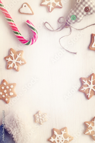 atmosphere of winter holidays/ flat lay with festive food and decorations on the table top view