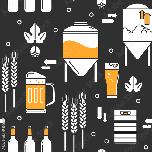 Beer. Seamless vector background. Bottles, keg, glass, mug, equipment for brewery, hops, wheat. Line icons on a dark background.