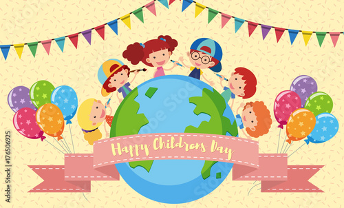 Happy Children's day poster with kids and balloons