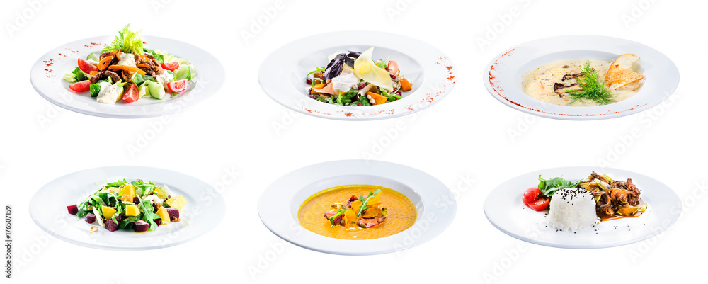 Set of delicious classic dishes. Autumn menu in an Italian restaurant isolated on white background Set of delicious classic dishes. Autumn menu in an Italian restaurant isolated on white background