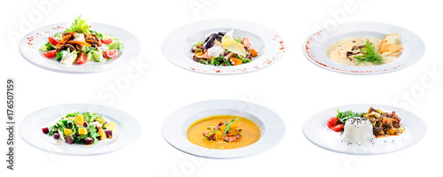 Set of delicious classic dishes. Autumn menu in an Italian restaurant isolated on white background