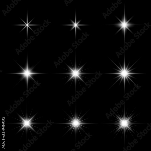 Set of glare lighting, twinkle lens flares and stars burst with sparkles on black background vector illustration