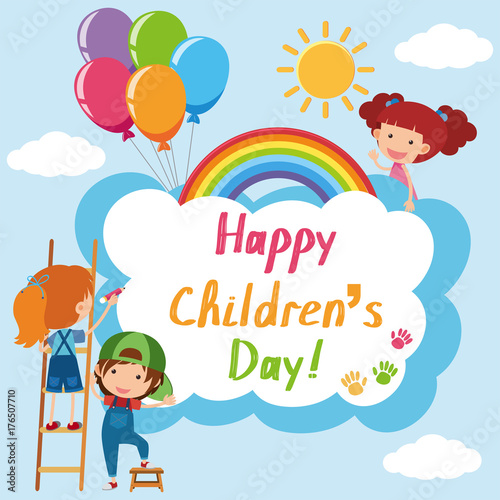 Happy Children's day poster with kids in sky