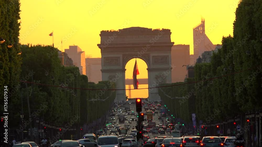 Arc de triomphe Paris city at sunset - Arch of Triumph and Champs Elysees