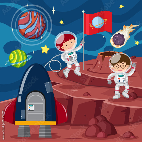 Fototapeta Dwóch astronautów i rakiety na planecie