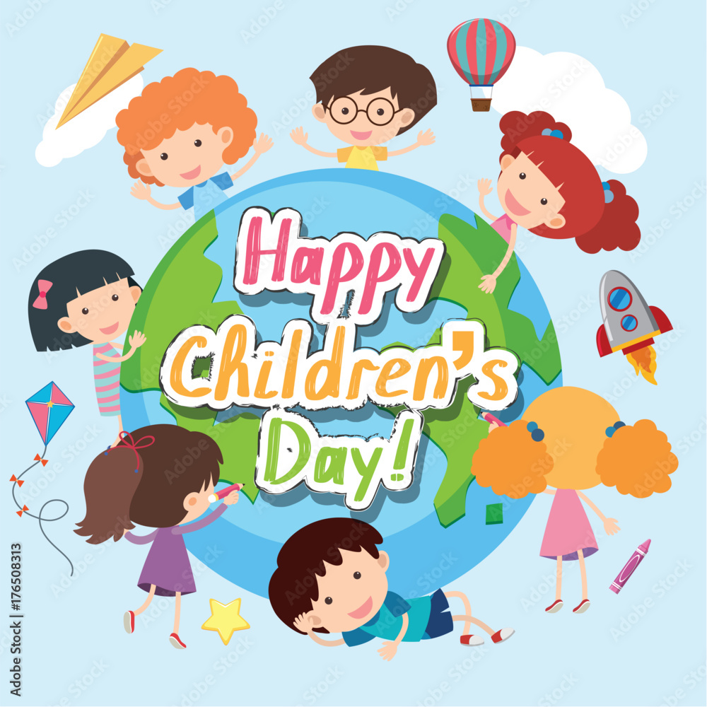 Happy Children's day poster with happy kids around the world Happy Children's day poster with happy kids around the world