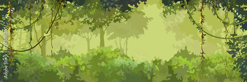 background cartoon green leafy forest with lianas