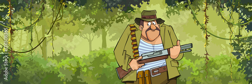 cartoon man hunter with a gun walking through the forest