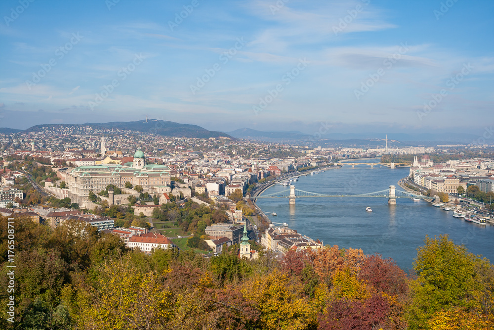View of Budapest from Gellert Hill. Danube River which separates Buda and Pest, Budapest, Hungary