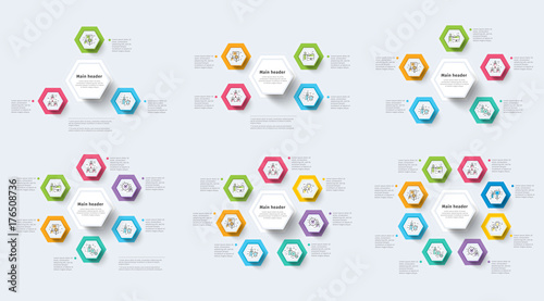 Set of clean minimalistic business step process chart infographics with step circles. Company presentation slide template. Modern vector info graphic layout design.
