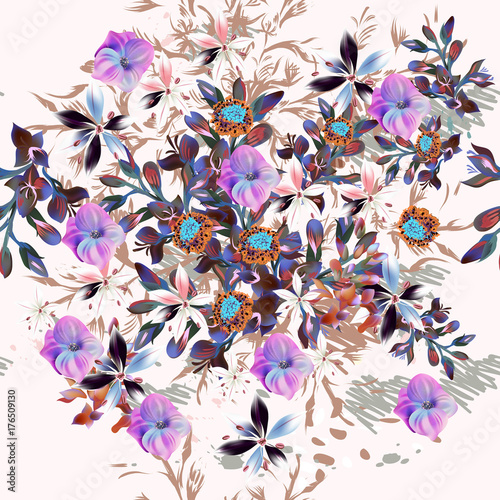 Beautiful pattern  illustration with blooming purple flowers