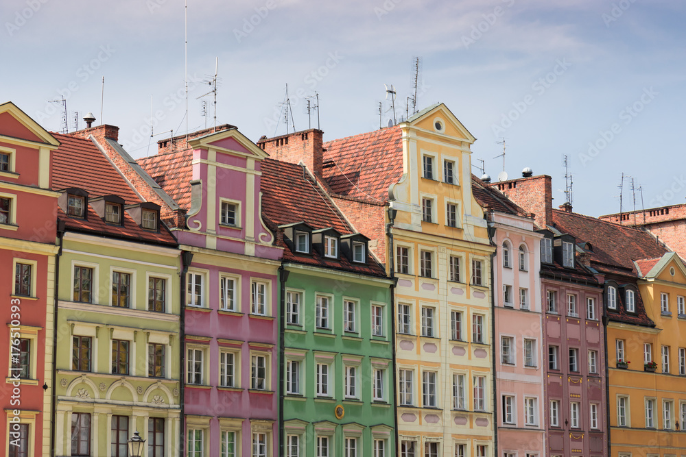 Beautiful, colorful, old townhouses in Wroclaw Old Town, Lower Silesia, Poland