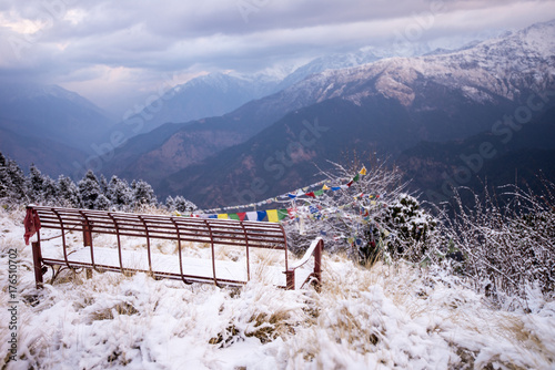Snow-covered forest and mountain. Bench covered with snow in a sunny cold day.