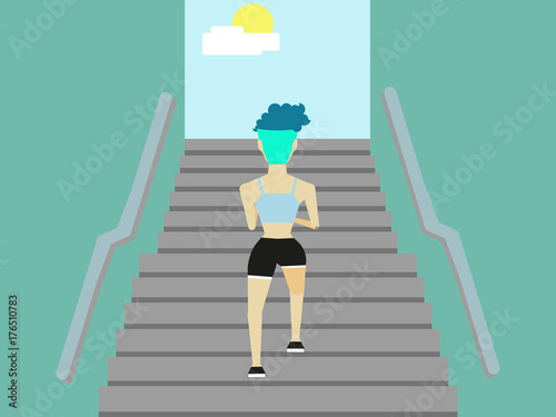 Urban fitness woman running and climbing stairs for legs power and strength training. Female athlete working out outdoor. Sport, fitness, lifestyle and people concept illustration vector.