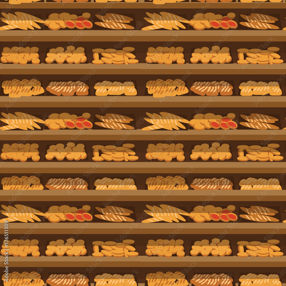 Seamless pattern bakery shelf with bread in supermarket, big choice of fresh products sale in food shop interior, store vector illustration Seamless pattern bakery shelf with bread in supermarket, big choice of fresh products sale in food shop interior, store vector illustration