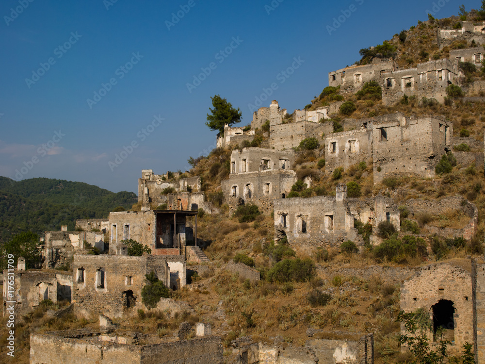 View of abandoned houses at village Kayakoy near Fethiye,Turkey, selective focus