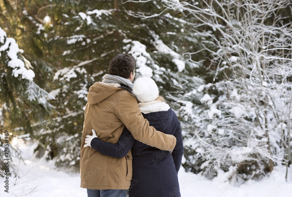 Back view of happy young couple arm in arm in snow-covered winter forest Back view of happy young couple arm in arm in snow-covered winter forest