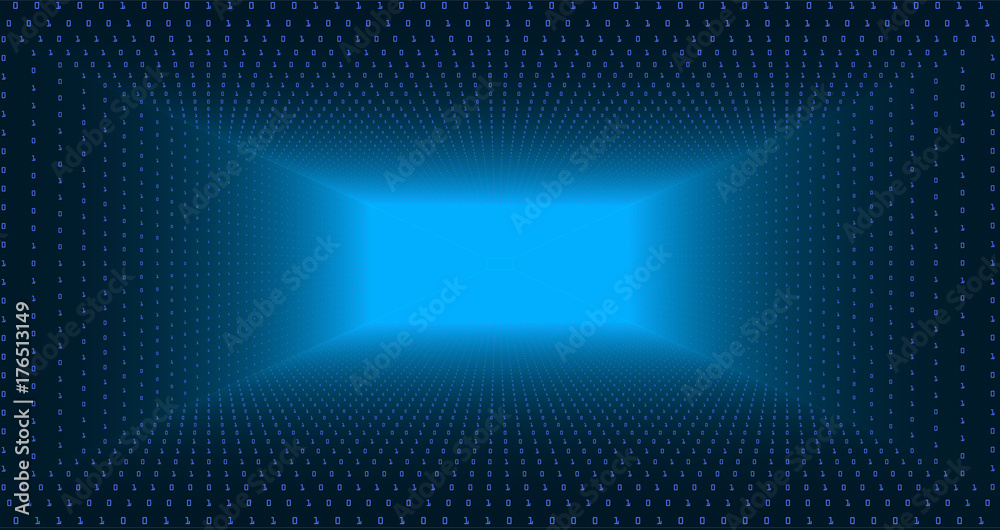 Vector data flow visualization. Triangle tunnel of blue big data flow as binary numbers strings. Information code representation. Cryptographic analysis. Bitcoin blockchain transfer. Stream of code Vector data flow visualization. Triangle tunnel of blue big data flow as binary numbers strings. Information code representation. Cryptographic analysis. Bitcoin blockchain transfer. Stream of code