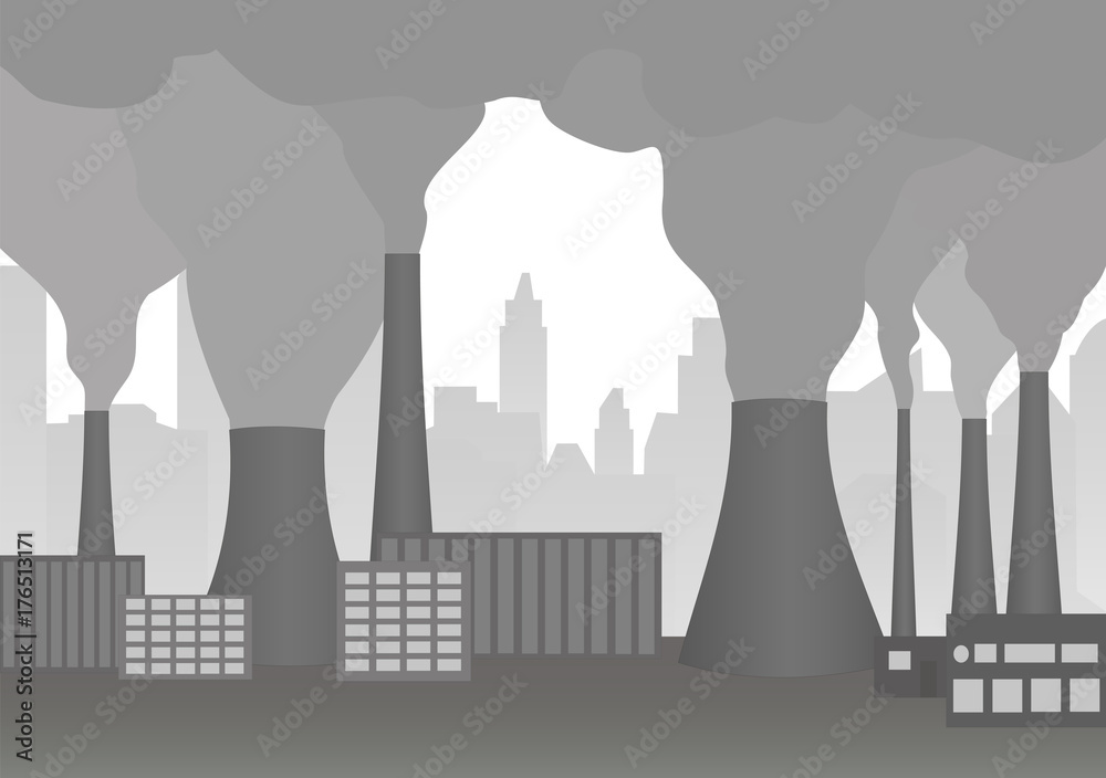 Smoking chimneys of plant. Industrial landscape. Vector illustration of environmental pollution. Clouds of smoke from factory chimney. Horizontal location.