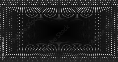 Vector infinite rectangular tunnel of shining flares on monochrome background. Glowing points form tunnel. Abstract cyber colorful background. Elegant modern geometric wallpaper. Shining points photo