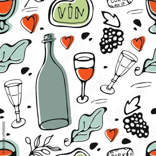 Wine collection pattern. Hand drawn seamless pattern made of wine related graphic elements