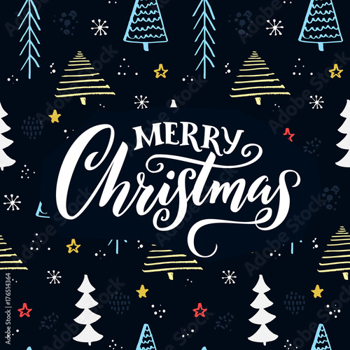 Merry Christmas text on hand drawn christmas tree pattern. Blue background with white caption