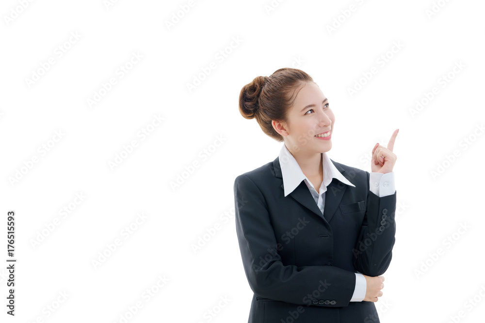 Smiling young Asian businesswoman in black suit and white t-shirt pointing finger isolated on white background Smiling young Asian businesswoman in black suit and white t-shirt pointing finger isolated on white background