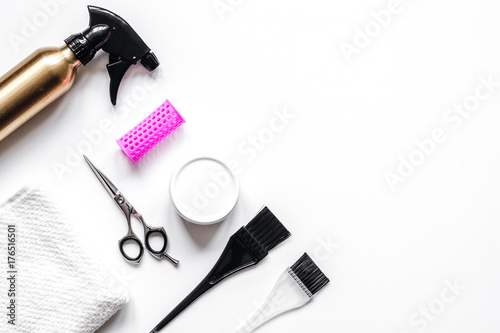 hairdresser working desk preparation for cutting hair top view