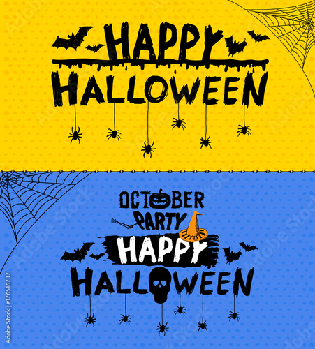 Set of Happy halloween text banner. Template for your graphic design. Freehand drawing. Vector illustration. Isolated on yellow and blue background