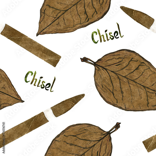 Photography Chisel cigar shape and tobacco leaf, hand painted watercolor illustration with h