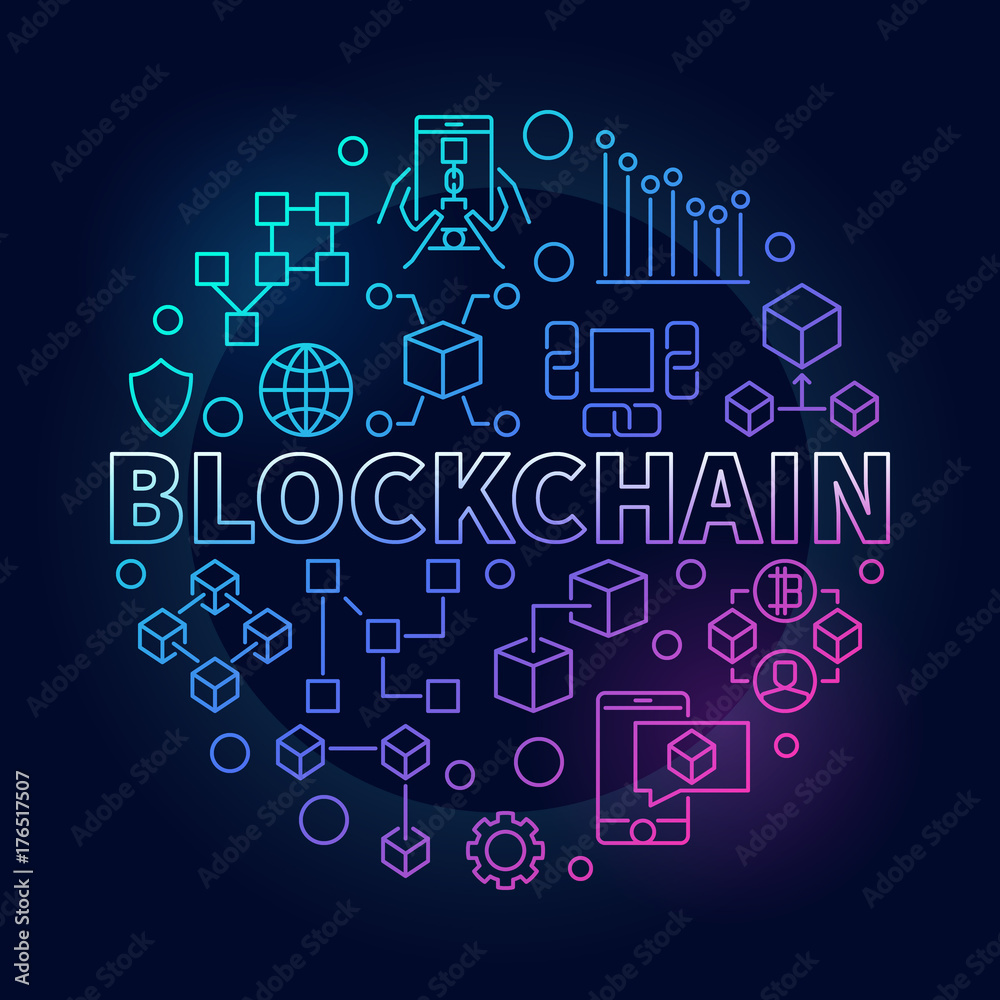 Blockchain technology colorful outline round vector illustration