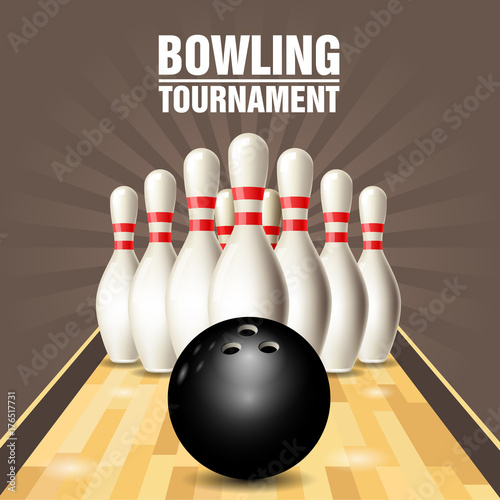 Party flyer with bowling court, skittles and bowling ball