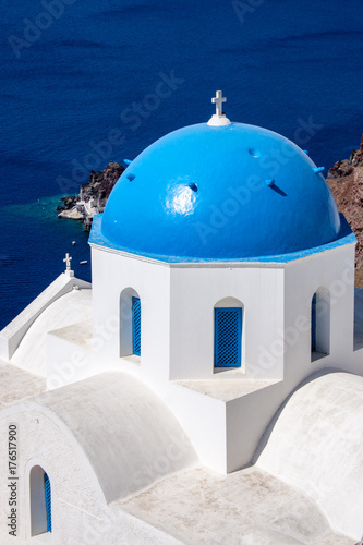 view of the church on the background of deep blue sky, Santorini Greece