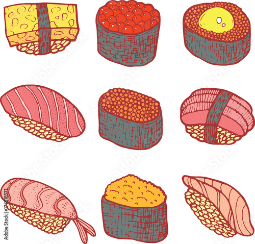 Sushi set collection. Coloring page for adult book. Vector doodle graphic hand drawn art.