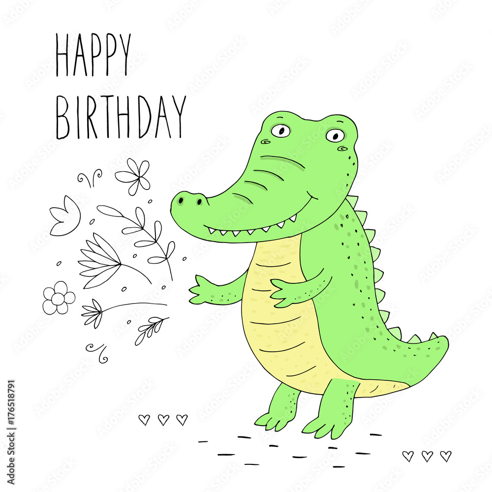 happy birthday card with funny cute crocodile cartoon style. vector print  Stock Vector | Adobe Stock